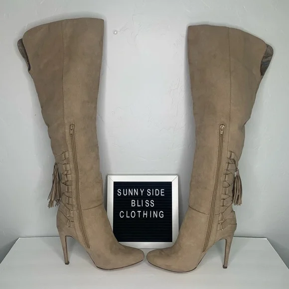 ShoeDazzle Tan Faux Suede Thigh High Stiletto Boots Tassel Lace Up 7.5 - Picture 4 of 11
